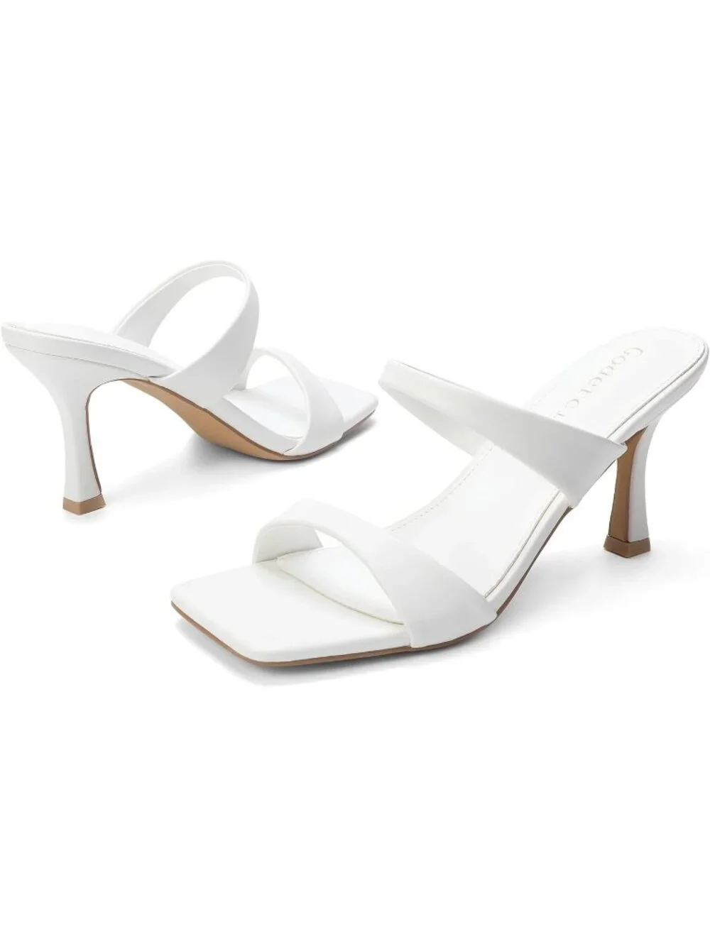 Women's White Two Straps Kitten Heels Stiletto Heel Square Open Toe Slip On